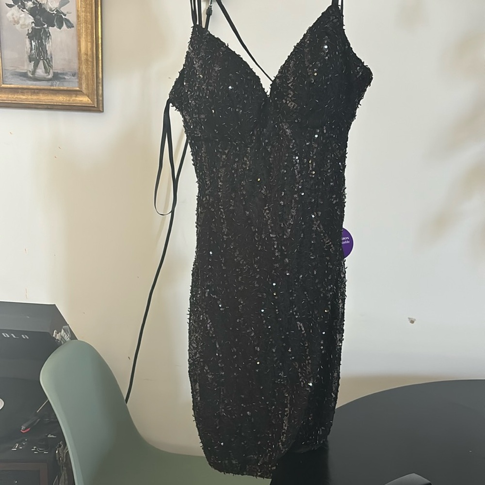 Black dress with silver sparkles/ beading, open criss crossed back